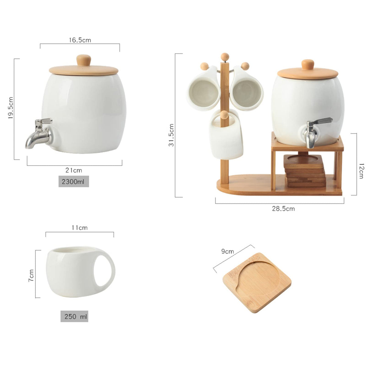 Porcelain Ceramic Crock Water Dispenser with 4 Mugs K3441