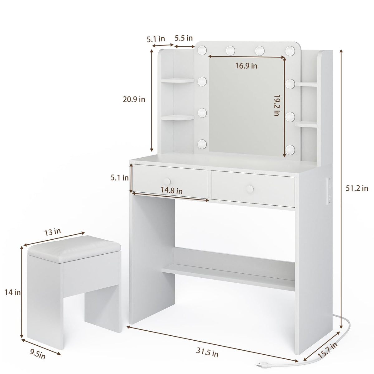White Makeup Vanity Desk with Lighted Mirror and Chair Set N76839