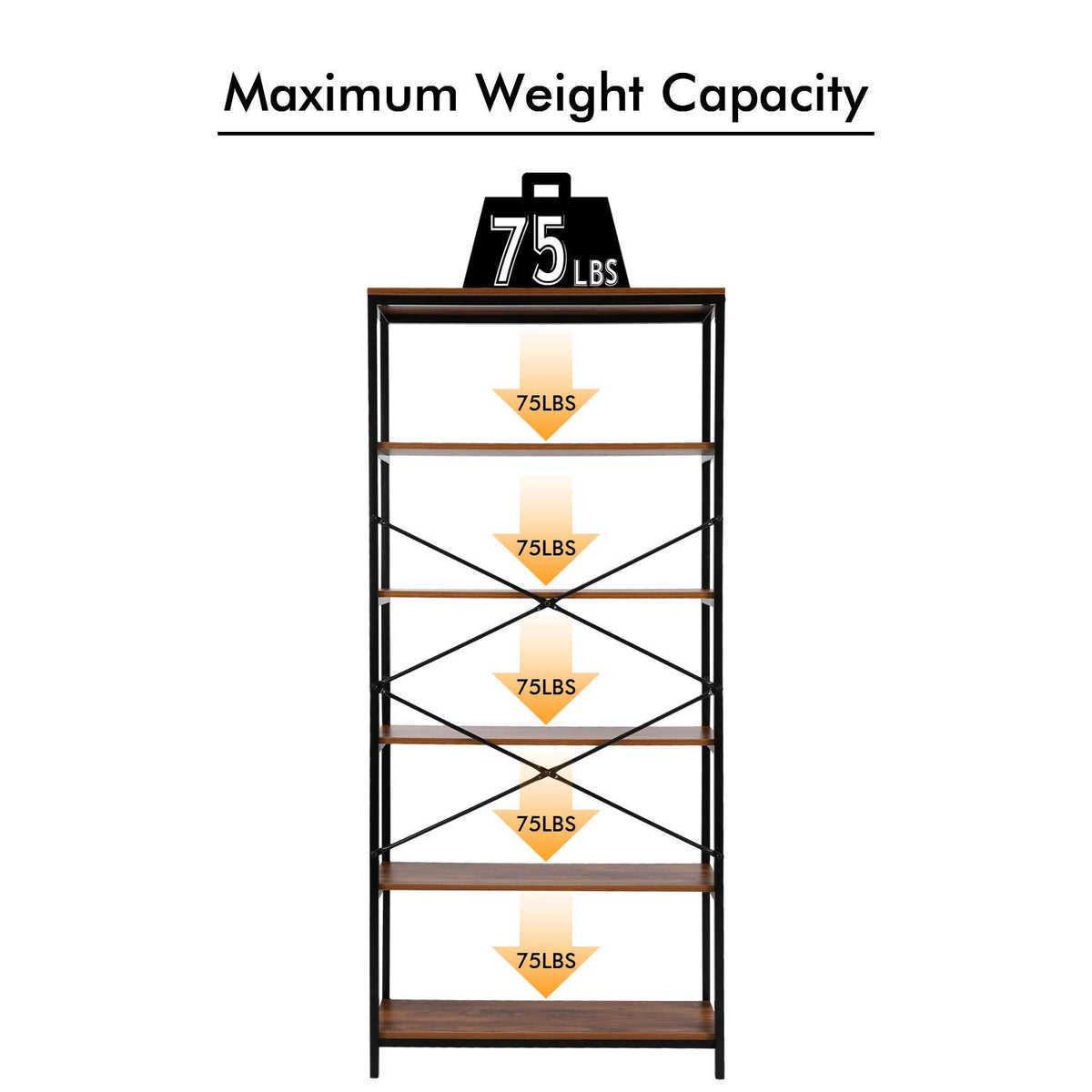 71" Tall 5 Tier Wood and Metal Bookshelf T318