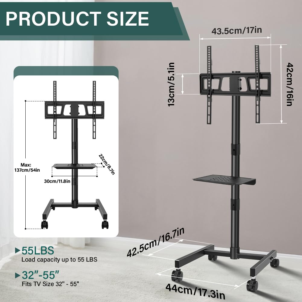 Rolling TV Stand with Wheels for 32-55Inch Screens up to 55lbs Black A518499
