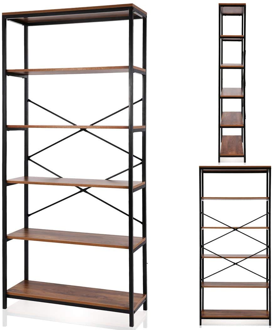 71" Tall 5 Tier Wood and Metal Bookshelf T318
