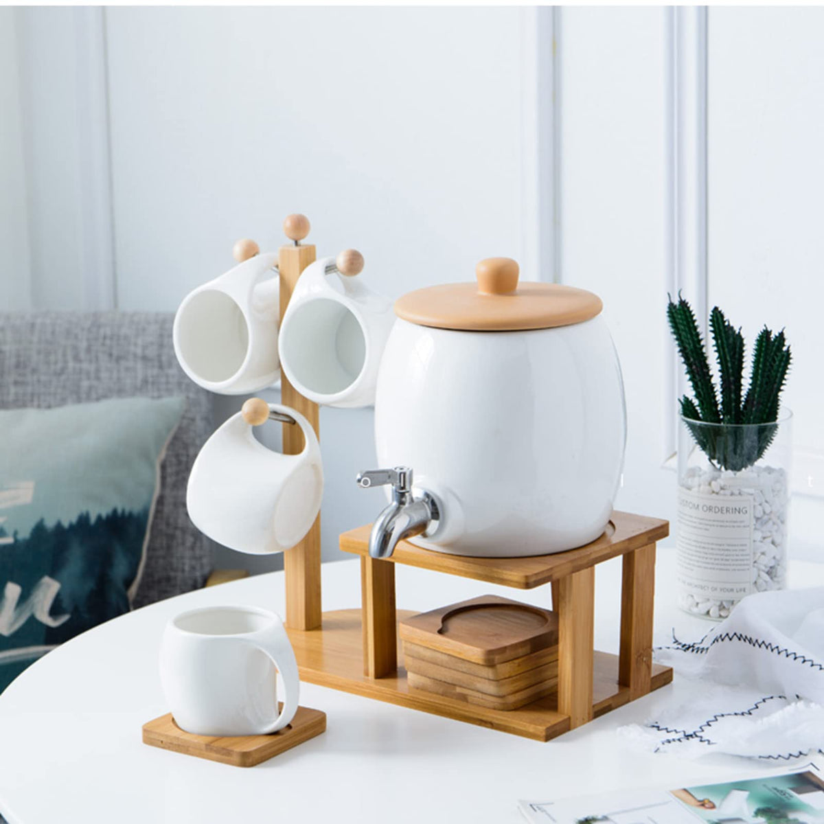 Porcelain Ceramic Crock Water Dispenser with 4 Mugs K3441