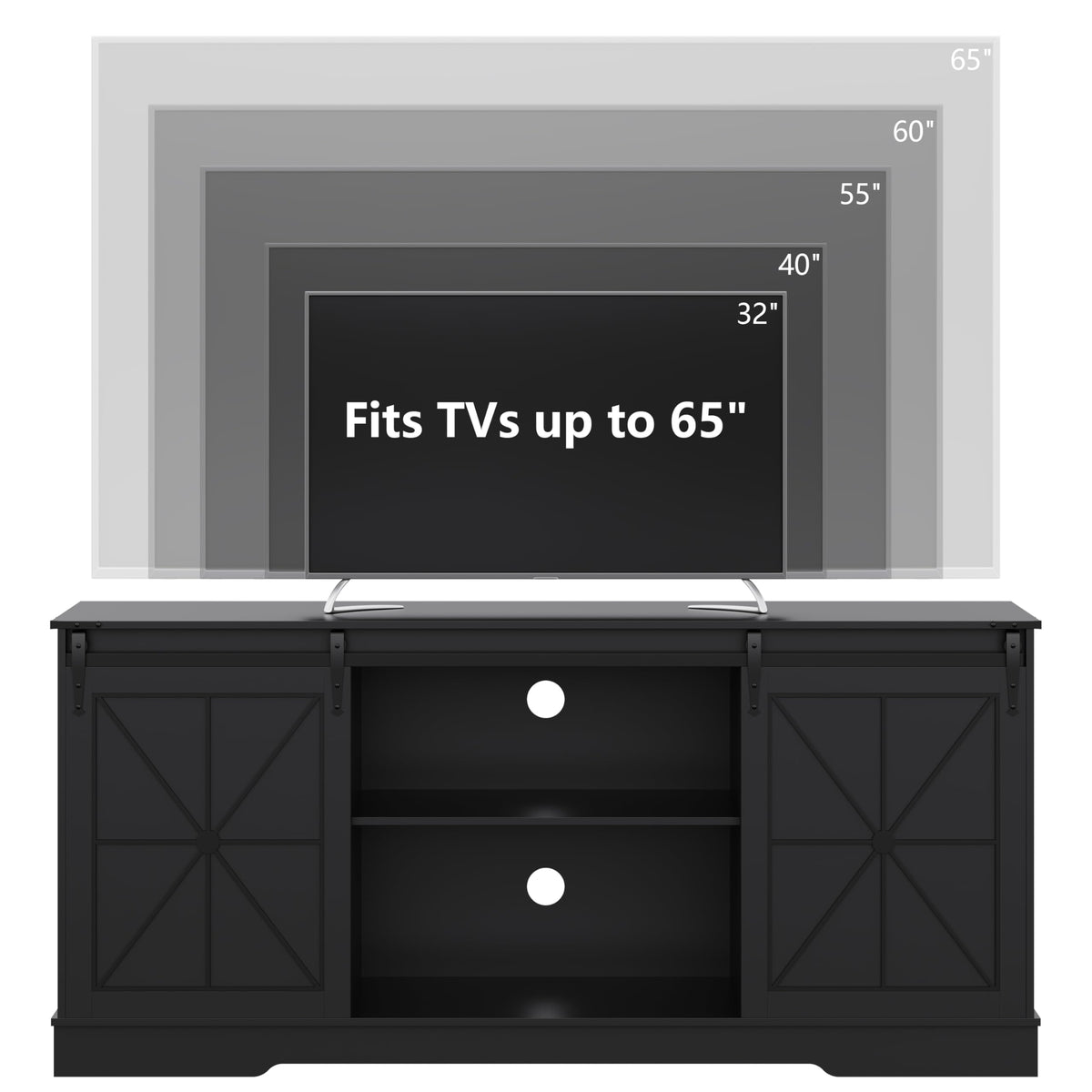 Black Farmhouse TV Stand with Storage Cabinets & Sliding Barn Doors O16514