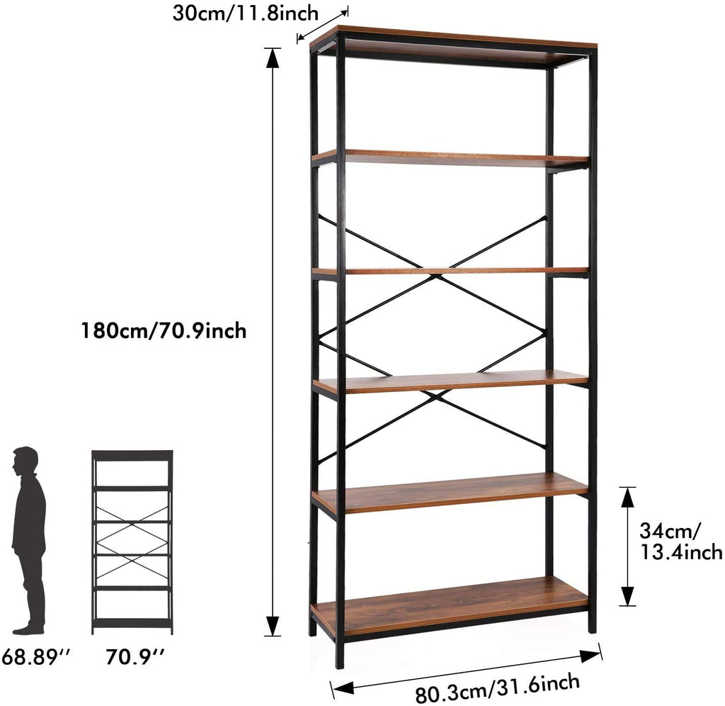 71" Tall 5 Tier Wood and Metal Bookshelf T318