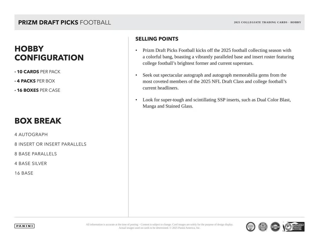 2025 Panini Prizm Draft Picks Football Trading Card Box E6617