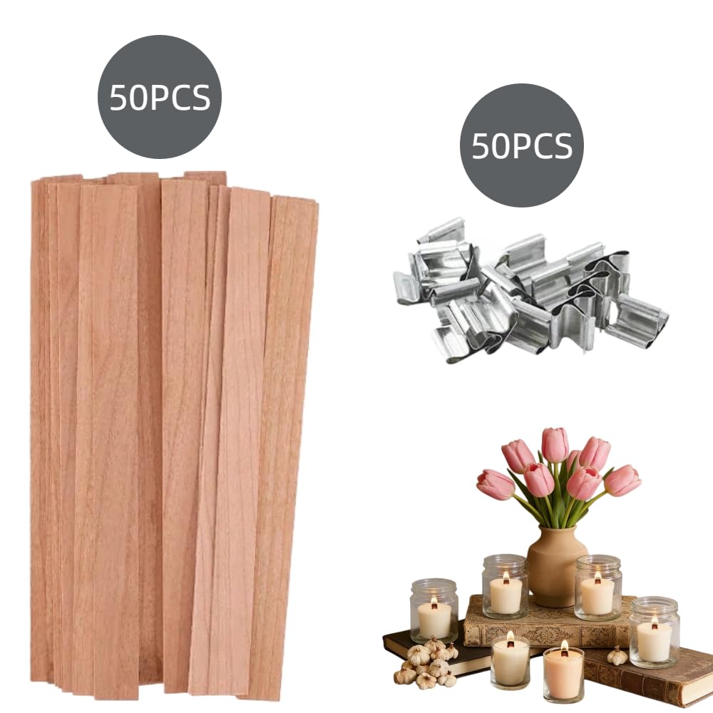 100-Pack Natural Wooden Candle Wicks with Metal Clips C84759