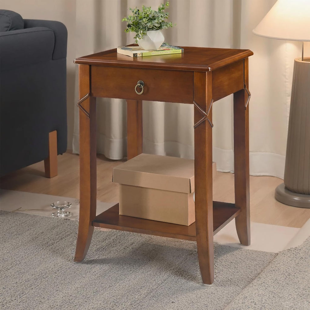 Small Solid Wood Side End Table with Drawer and Storage Shelf I306888