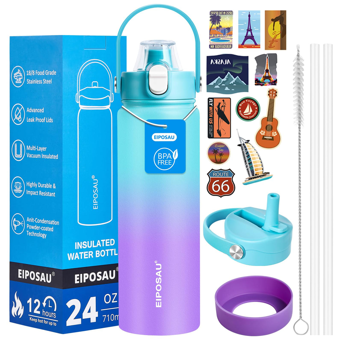 Insulated Water Bottle with Lid & Boot & Stickers, 24 oz H869