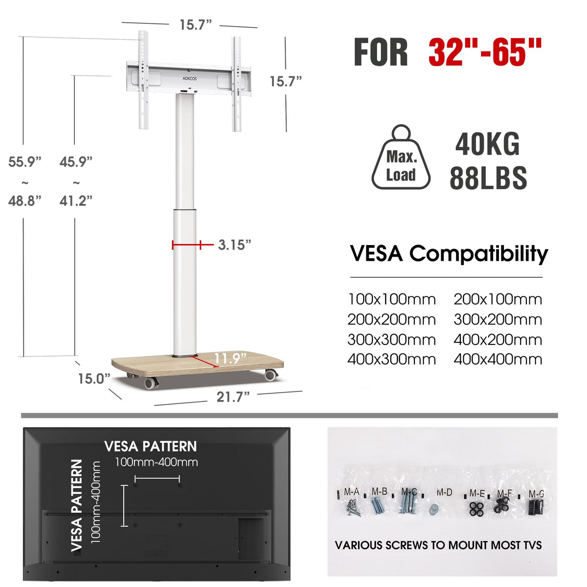 Rolling TV Stand for 32-65 Inch TVs, Height Adjustable with Swivel & Tilt Mount X6081