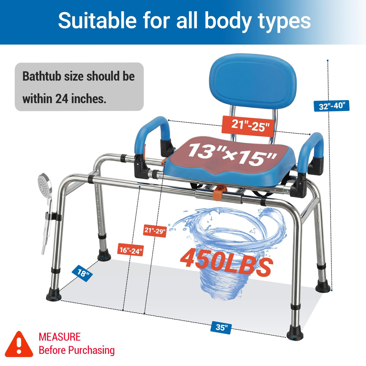 Sliding Shower Chair Tub Transfer Bench with 360° Swivel Seat Q424876