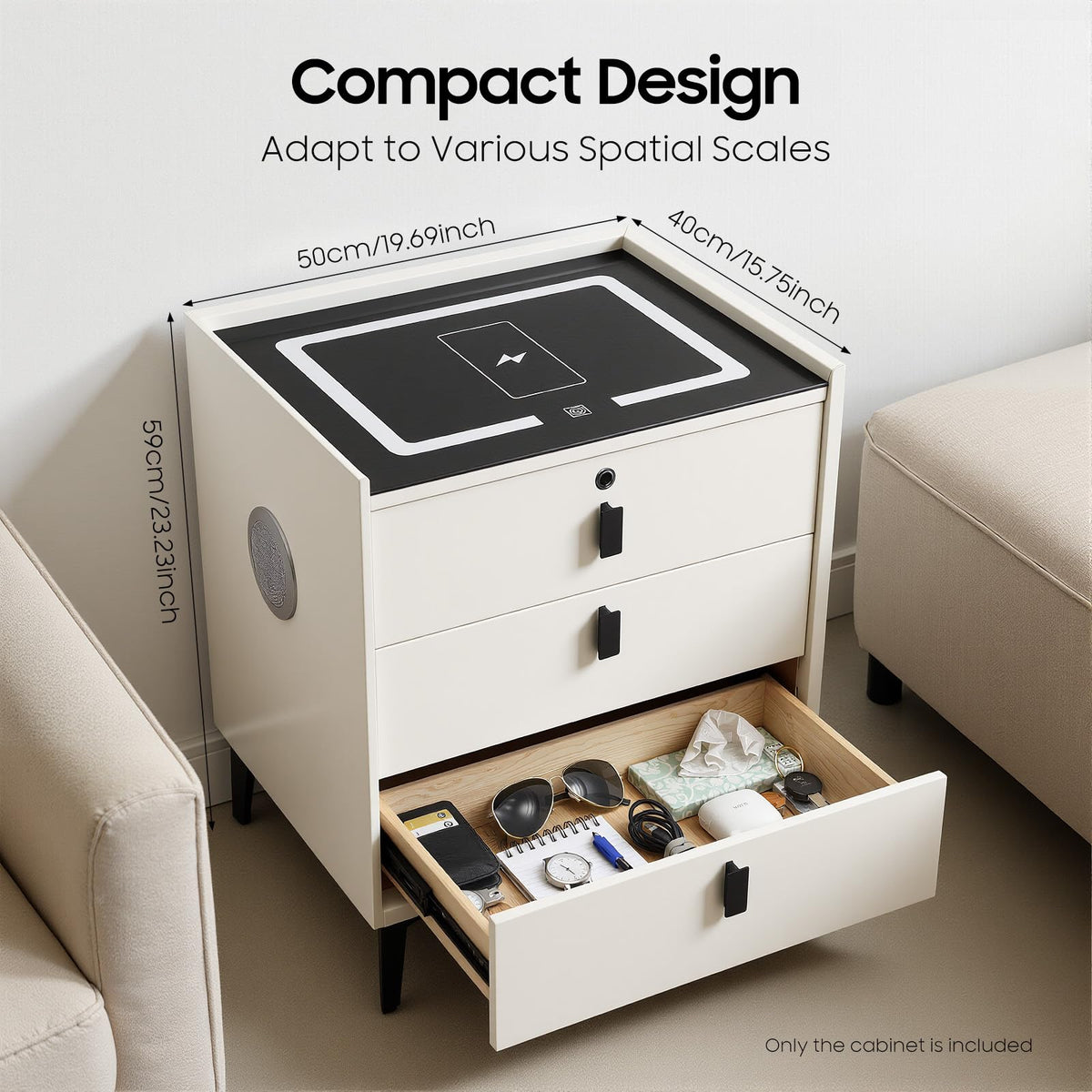 Beige 3 Drawer Smart Nightstand with Fingerprint Lock E31555