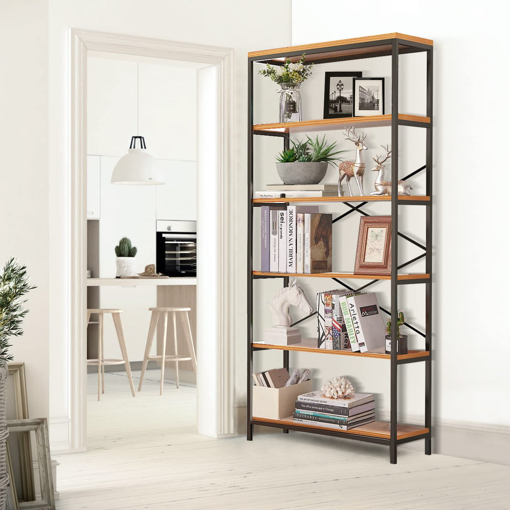 71" Tall 5 Tier Wood and Metal Bookshelf T318