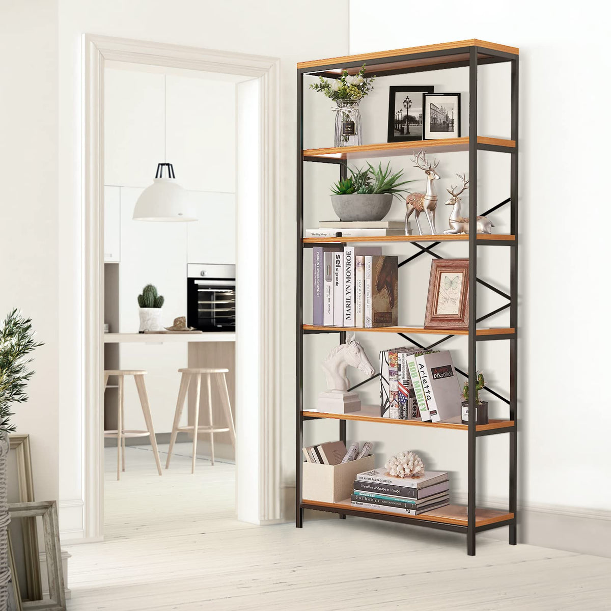 71" Tall 5 Tier Wood and Metal Bookshelf T318