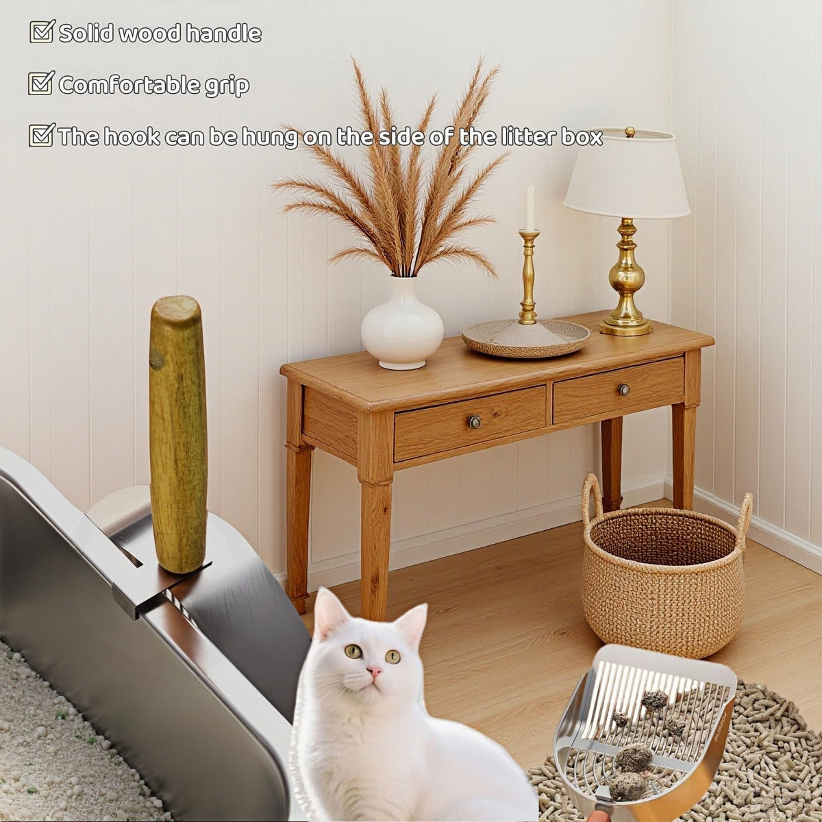 Stainless Steel Cat Litter Scoop with Wood Handle J7388