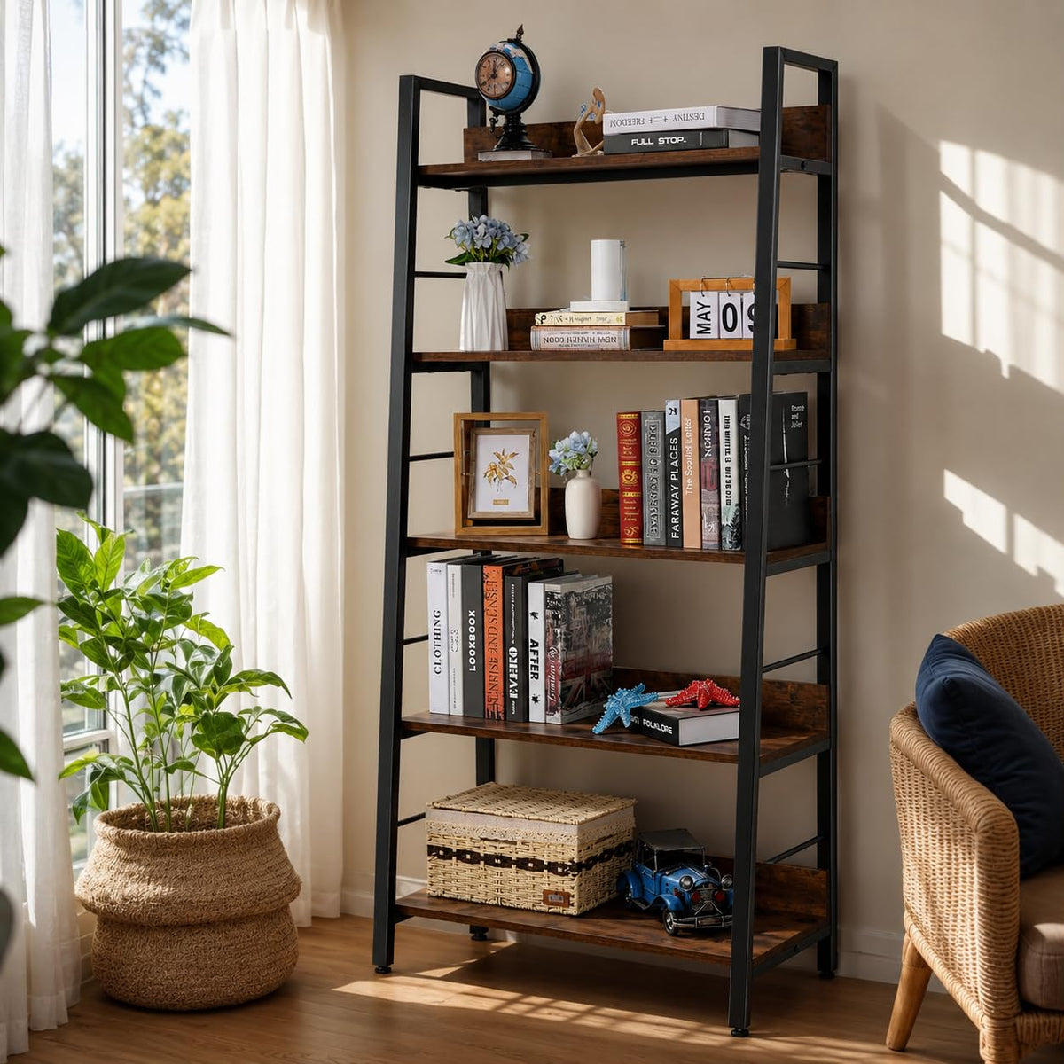 5 Tier Wood Metal Ladder Shelf Bookcase Z26374