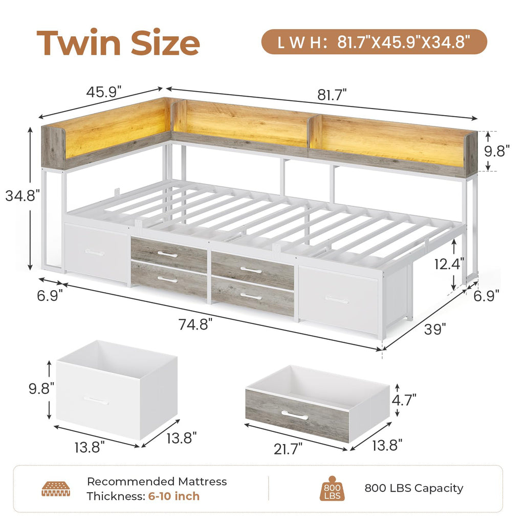 Twin Corner Bed Frame with Storage Bookcase and 6 Drawers U444