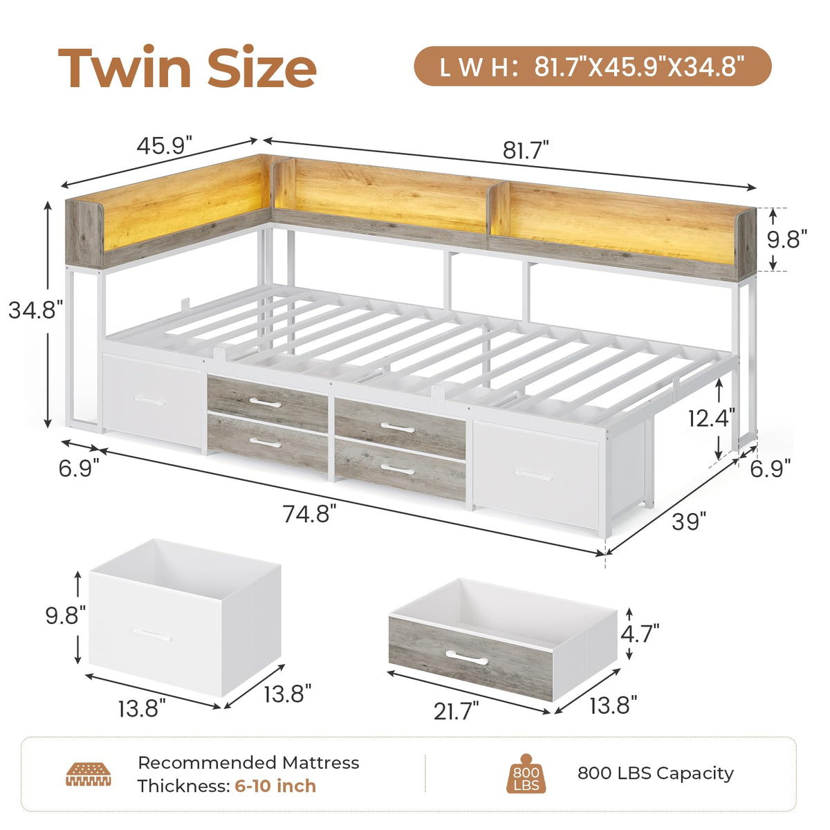 Twin Corner Bed Frame with Storage Bookcase and 6 Drawers U444
