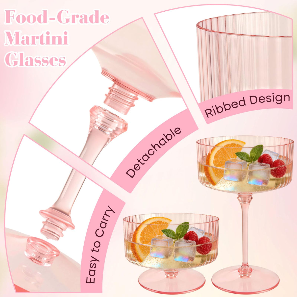6 Pcs 10 Oz Pink Champagne Martini Glasses Set Q622739