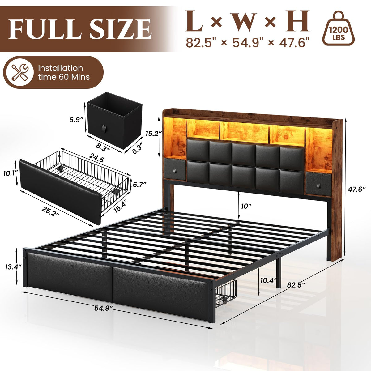 Full Size Platform Bed Frame with LED Light and Charging Station, Black K73754