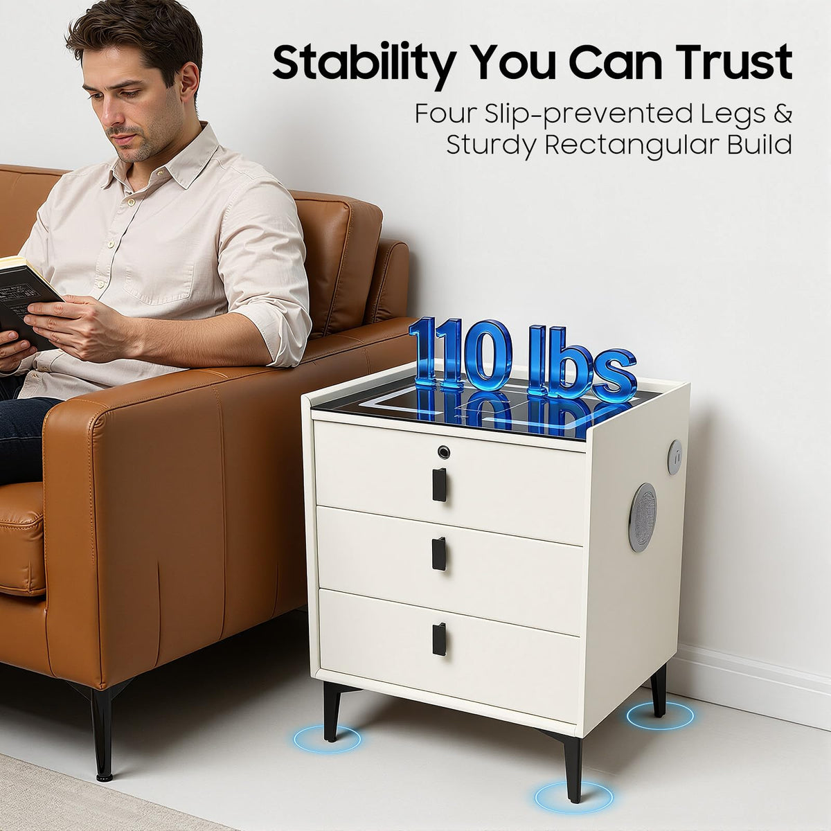 Beige 3 Drawer Smart Nightstand with Fingerprint Lock E31555