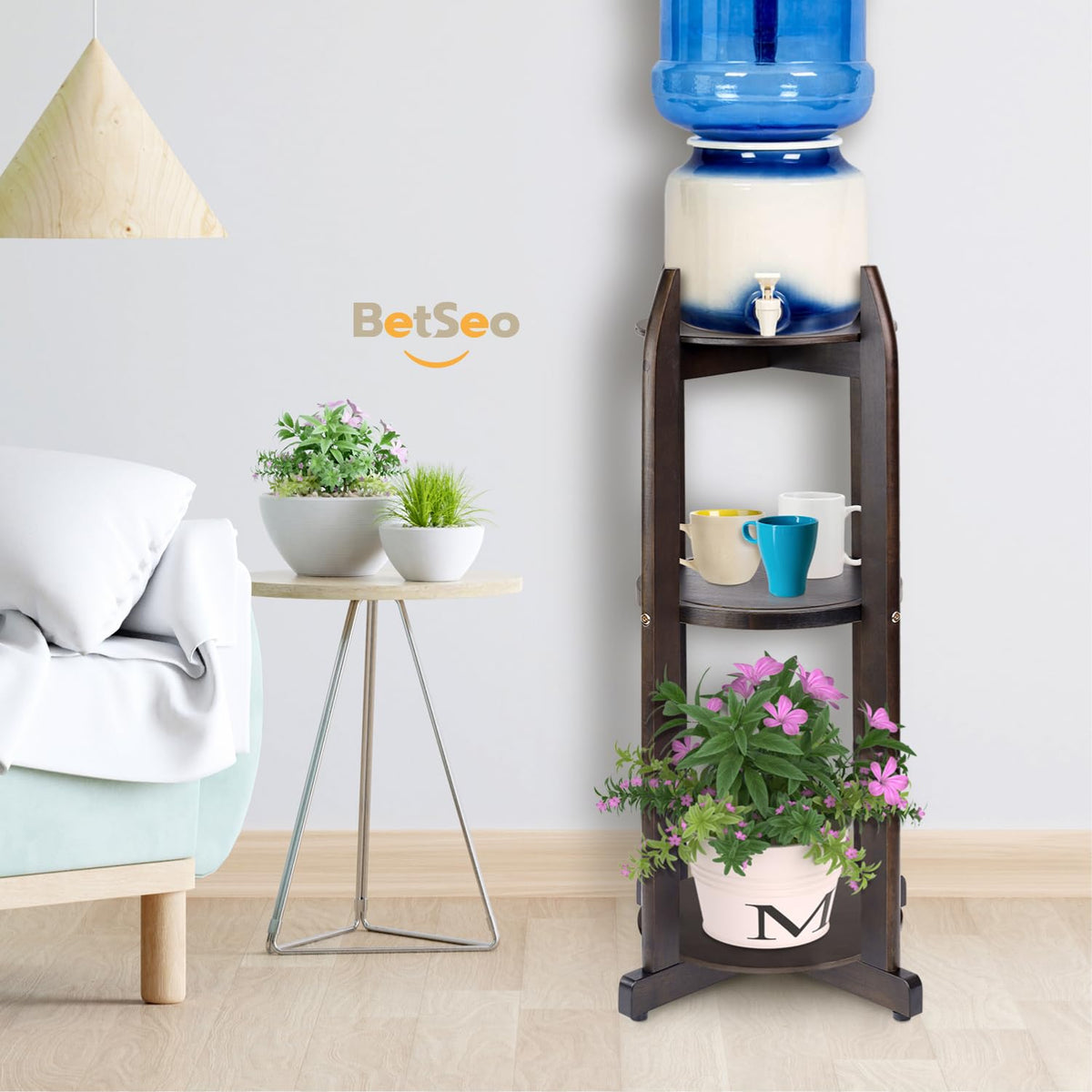 Solid Wood Water Dispenser Floor Stand with 3 Round Shelfs H2822