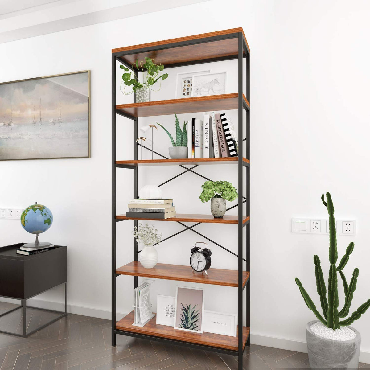 71" Tall 5 Tier Wood and Metal Bookshelf T318