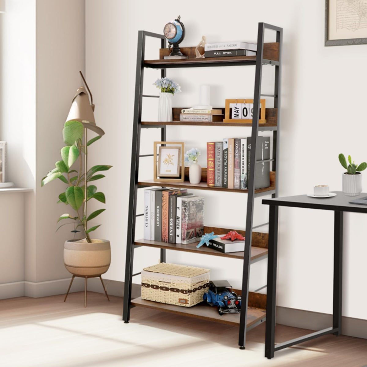 5 Tier Wood Metal Ladder Shelf Bookcase Z26374