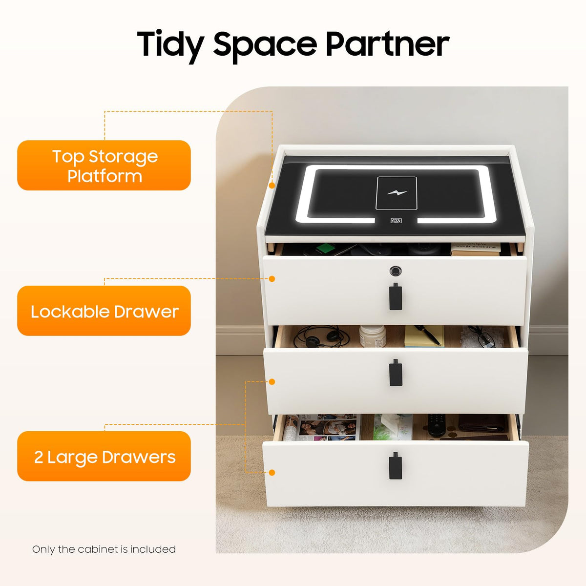 Beige 3 Drawer Smart Nightstand with Fingerprint Lock E31555
