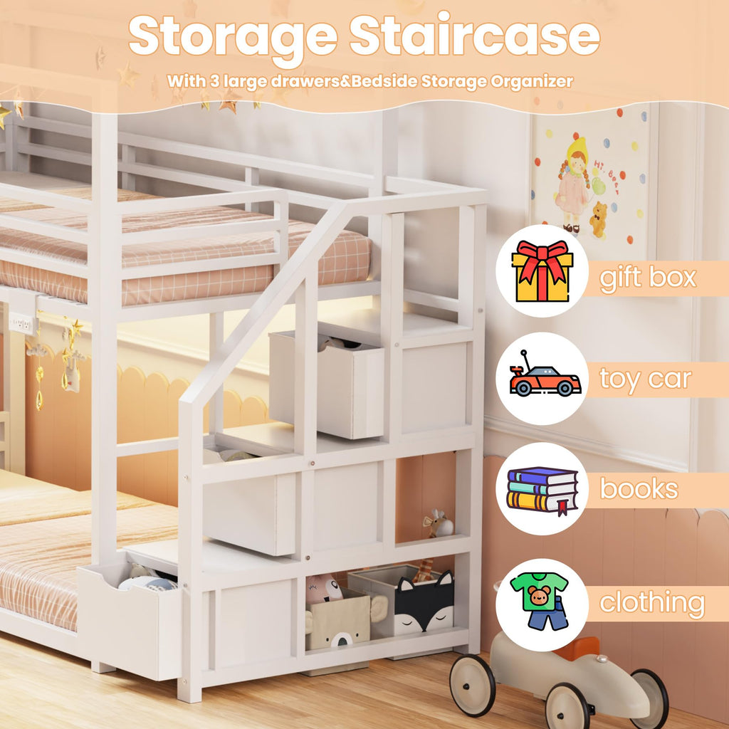 White Twin Over Twin Bunk Bed with Storage Stairs C453627