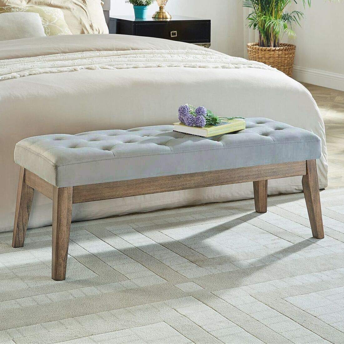 Velvet Upholstered Tufted Entryway Bench with Solid Wood Leg C9102