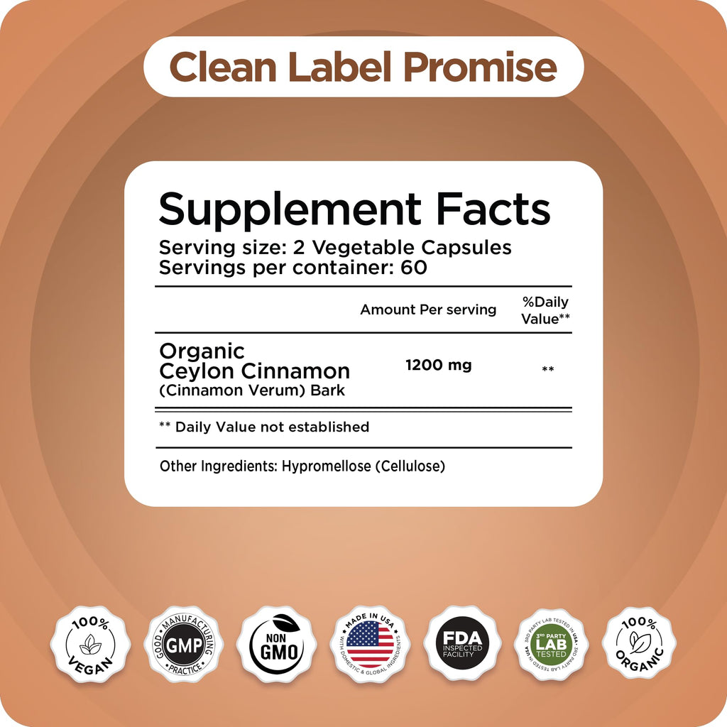 Certified Organic Ceylon Cinnamon 1200mg 120 Veg Capsules C46962