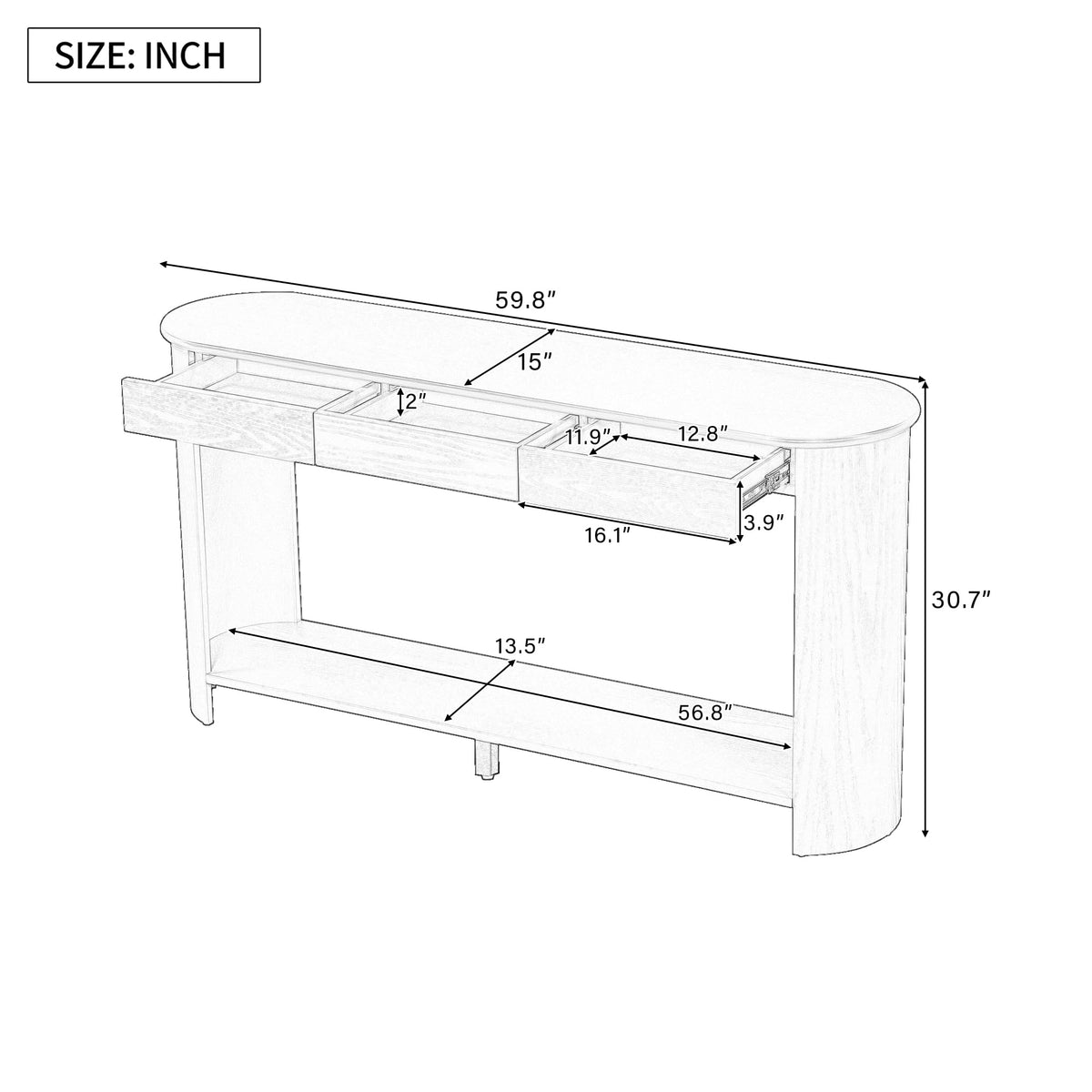 Curved Console Table with 3 Drawers and Bottom Shelf S863