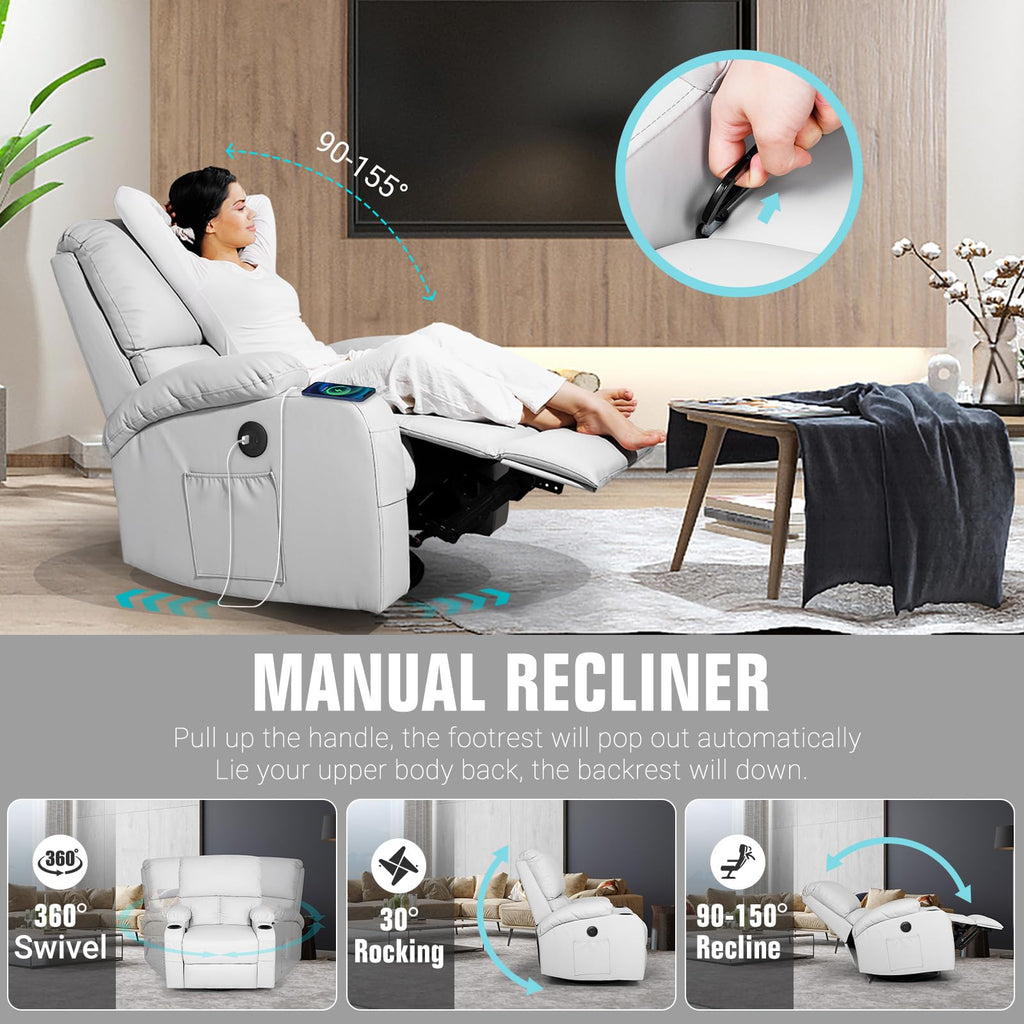 Light Grey Faux Leather Rocking Recliner Chair with Massage and Heat D902