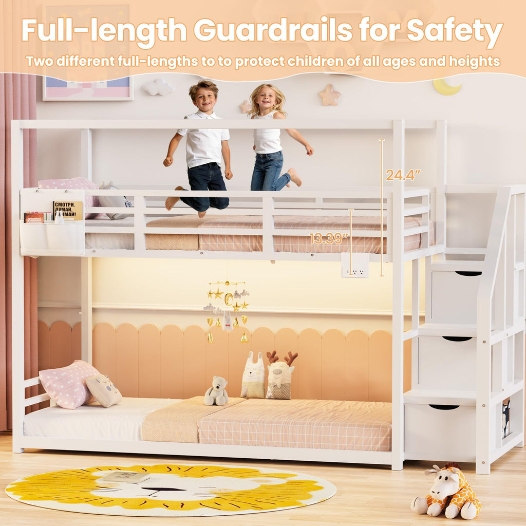 White Twin Over Twin Bunk Bed with Storage Stairs C453627