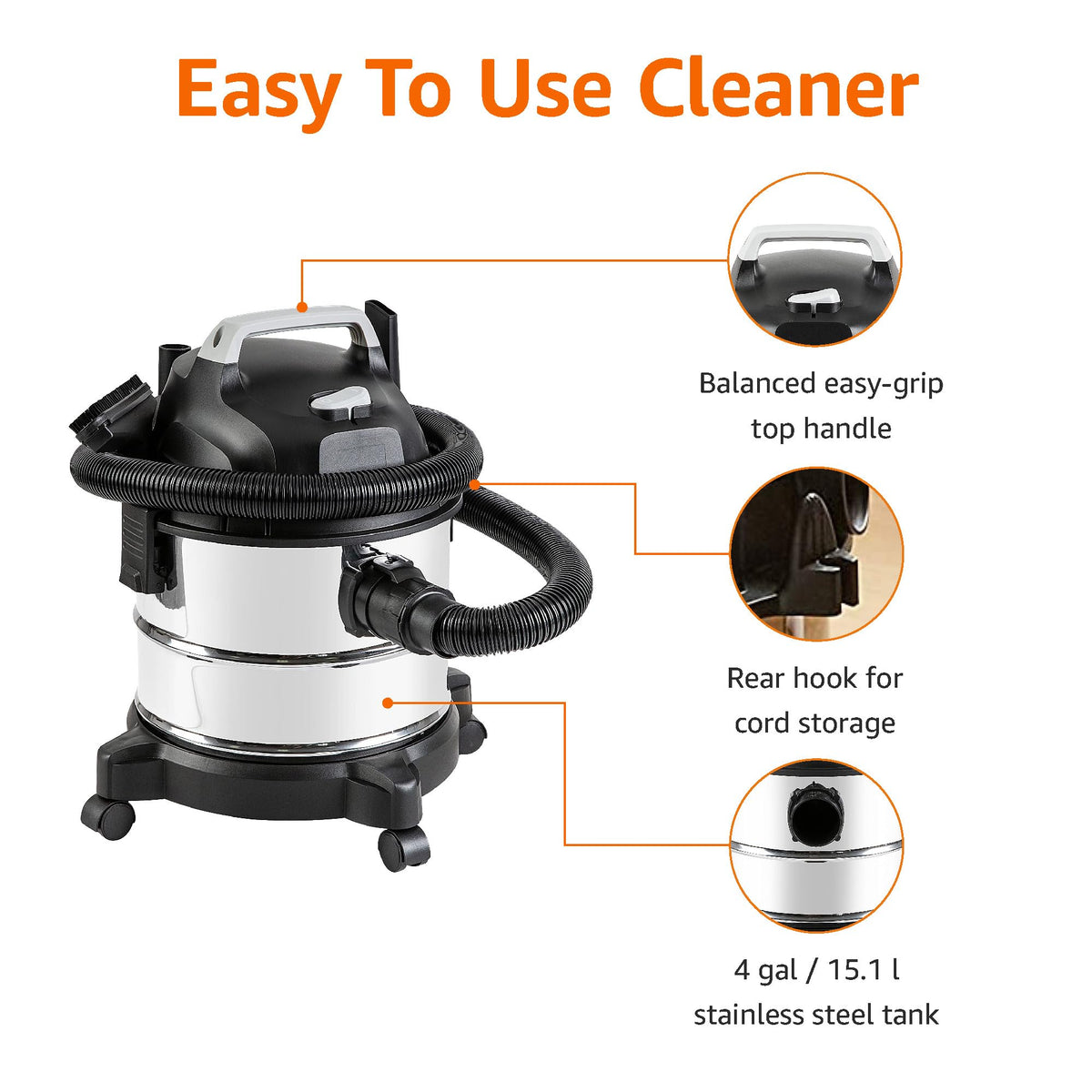 Wet Dry Shop Vacuum Cleaner 4 Gallon Stainless Steel T1842