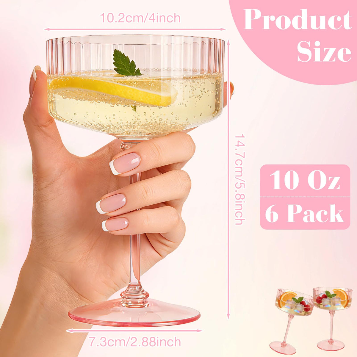 6 Pcs 10 Oz Pink Champagne Martini Glasses Set Q622739