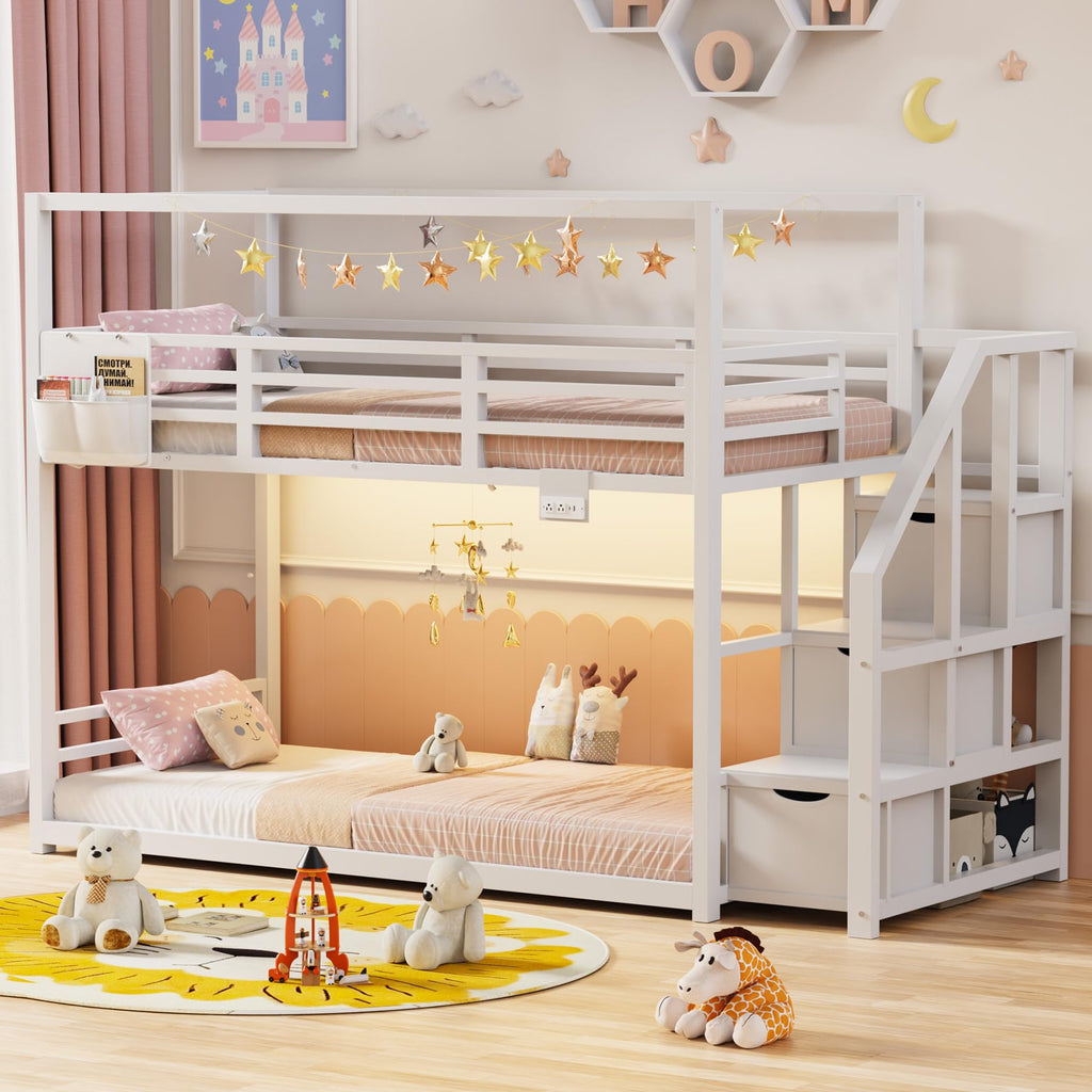 White Twin Over Twin Bunk Bed with Storage Stairs C453627