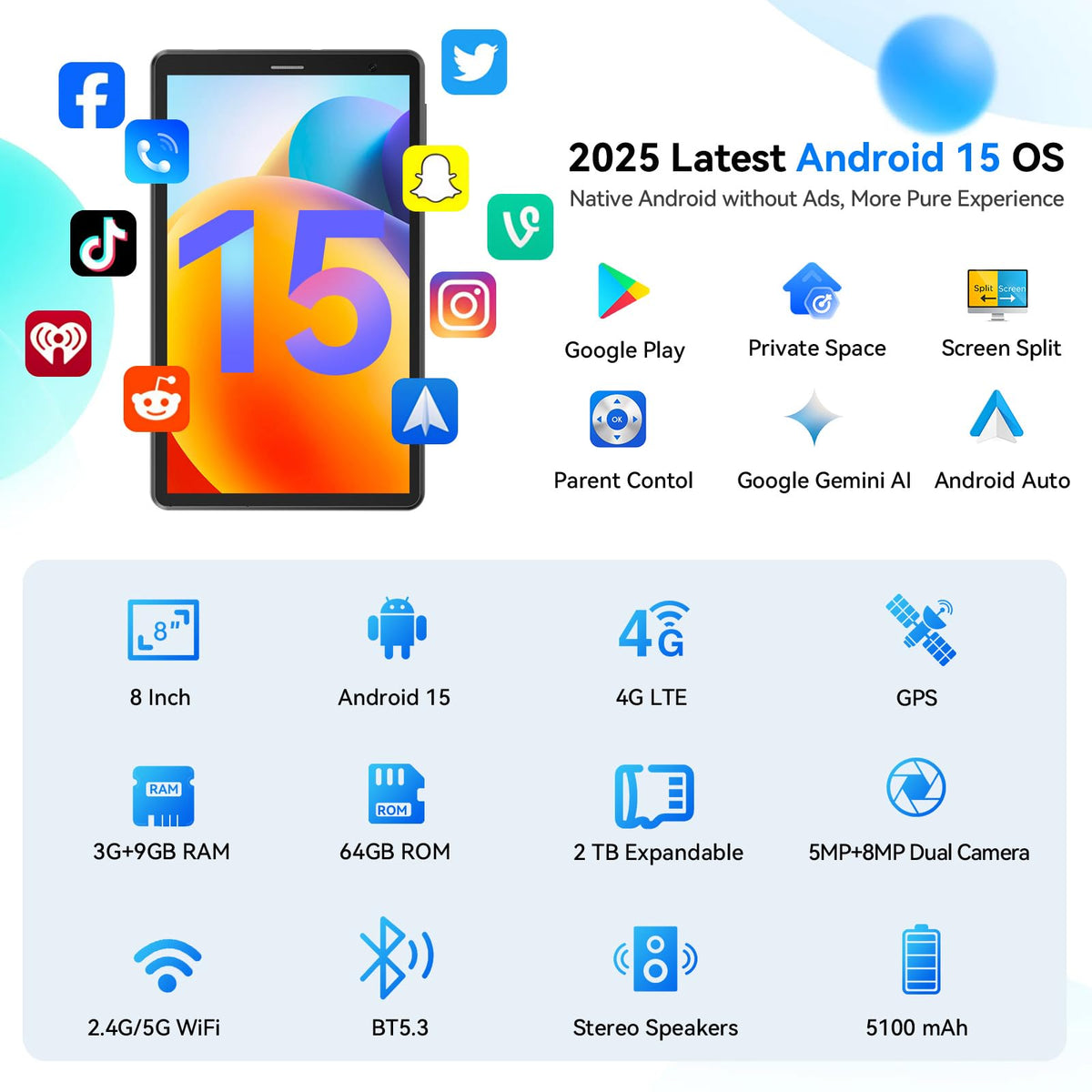 8 Inch Android Tablet with SIM Card Slot 4G LTE 12GB RAM 64GB ROM V301295
