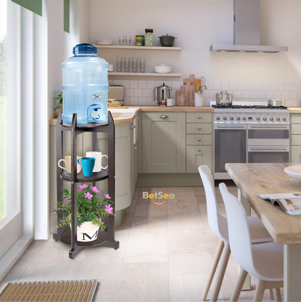 Solid Wood Water Dispenser Floor Stand with 3 Round Shelfs H2822