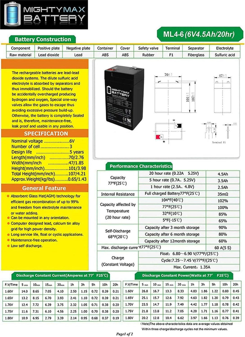 6V 4.5AH SLA Battery 2 Pack L2963