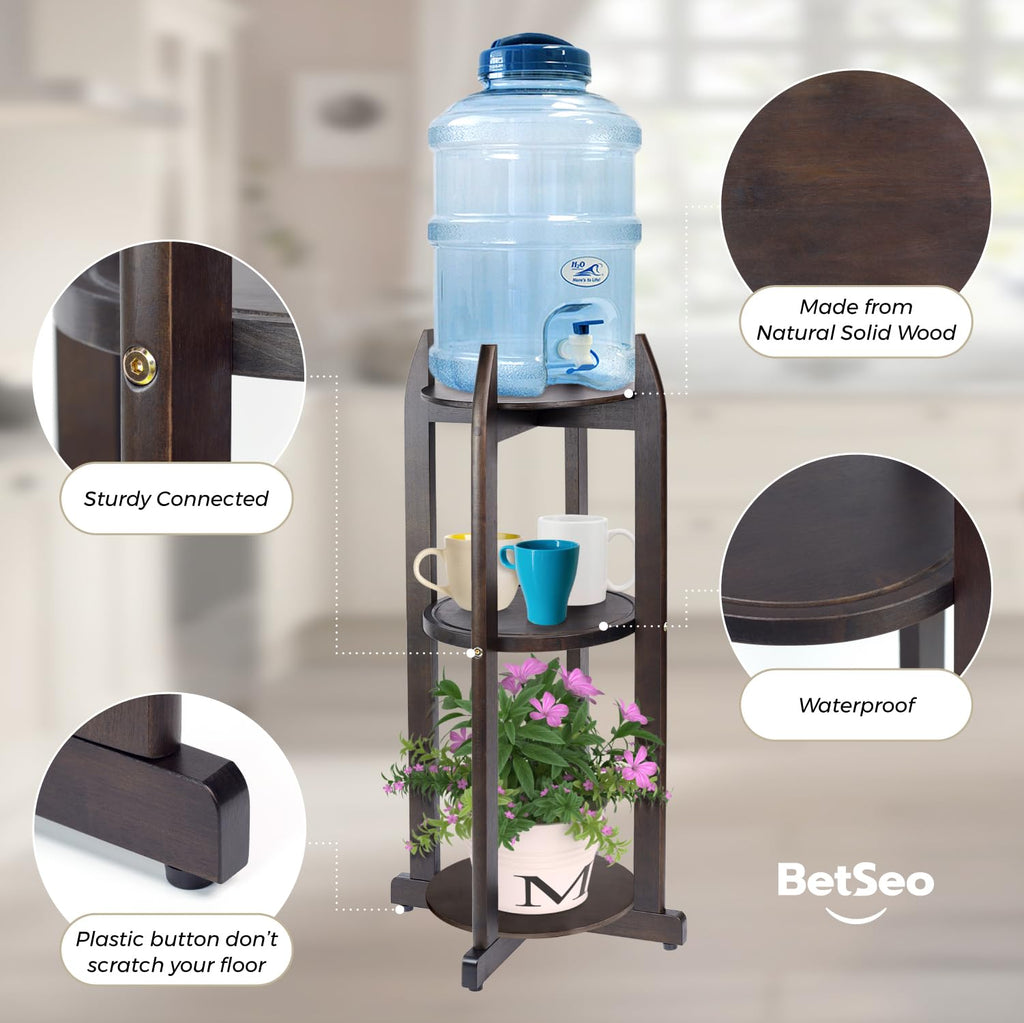 Solid Wood Water Dispenser Floor Stand with 3 Round Shelfs H2822