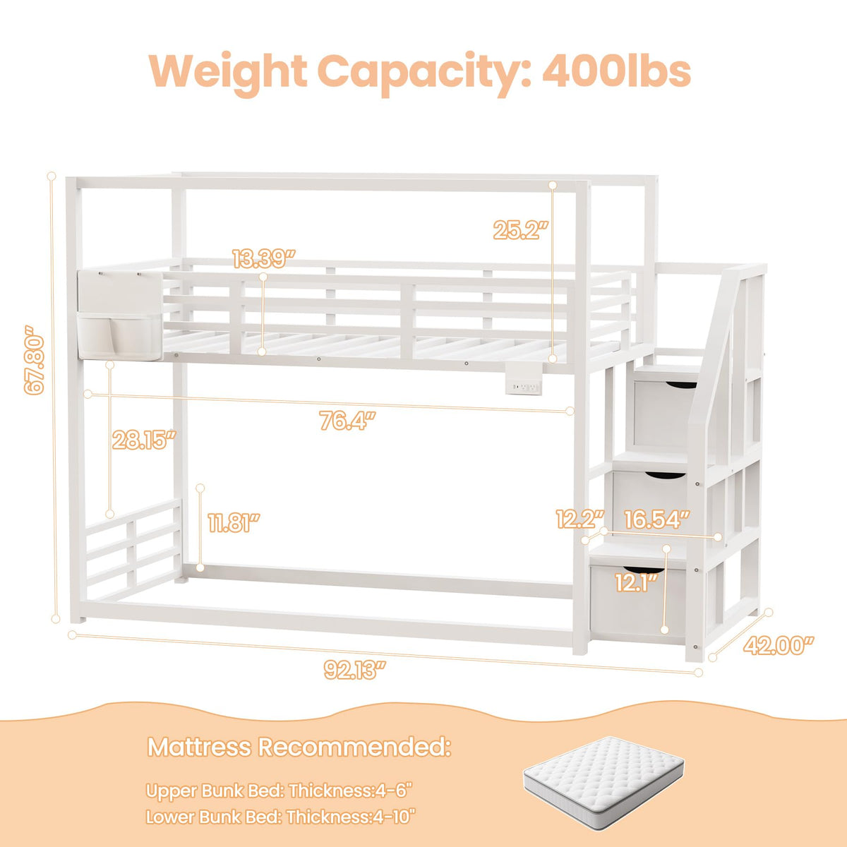 White Twin Over Twin Bunk Bed with Storage Stairs C453627