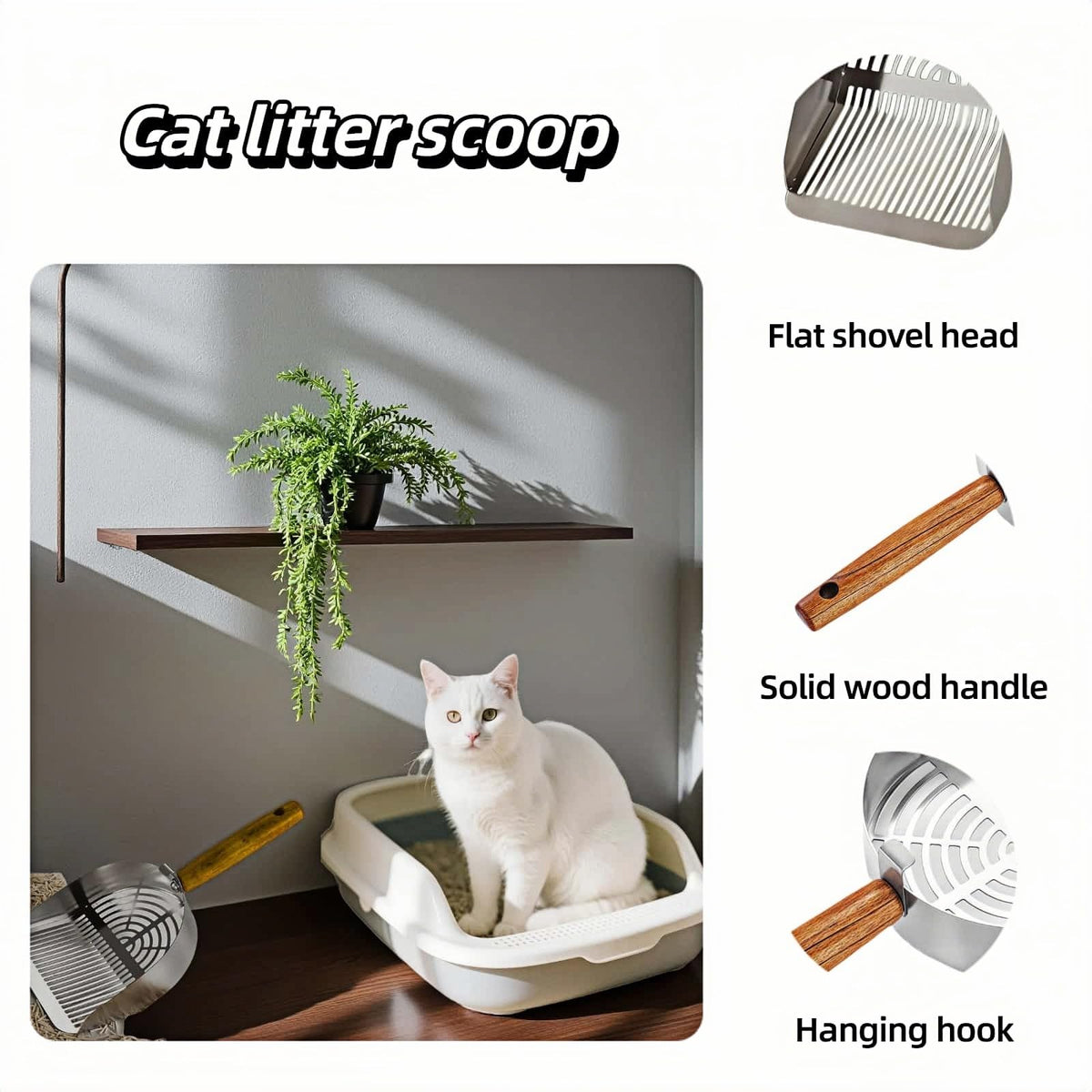 Stainless Steel Cat Litter Scoop with Wood Handle J7388