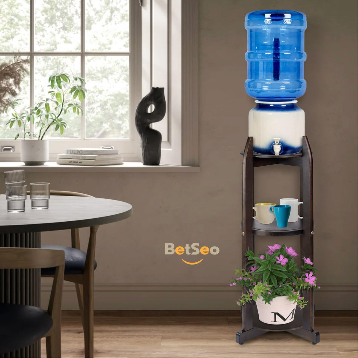 Solid Wood Water Dispenser Floor Stand with 3 Round Shelfs H2822