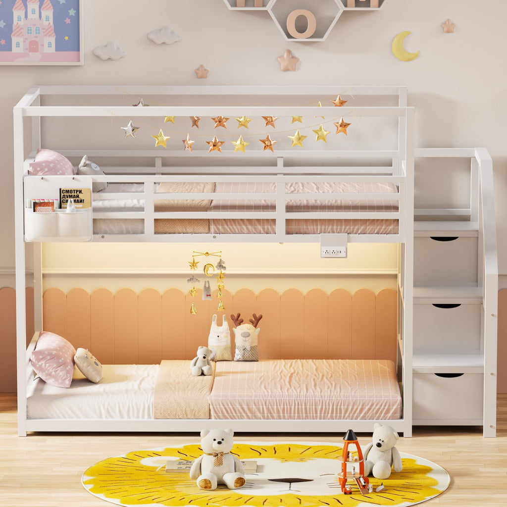 White Twin Over Twin Bunk Bed with Storage Stairs C453627