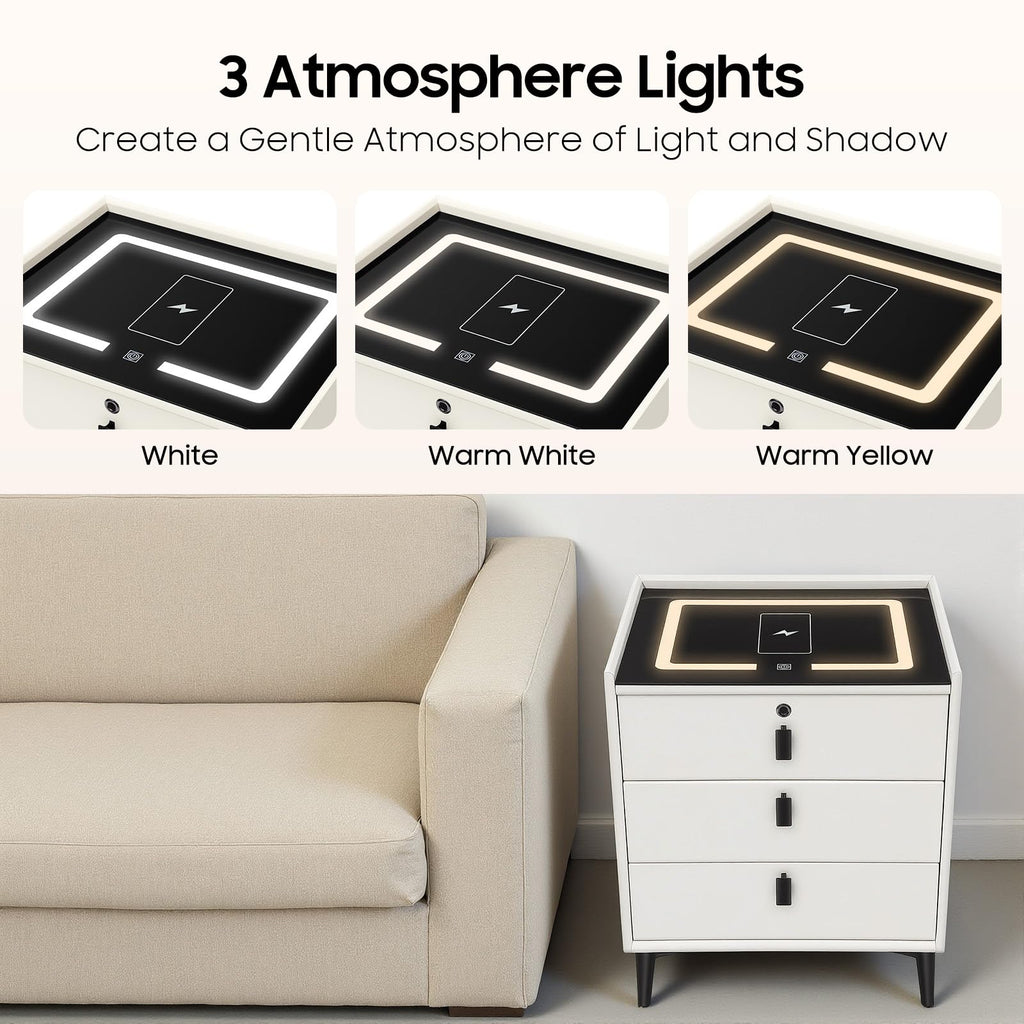 Beige 3 Drawer Smart Nightstand with Fingerprint Lock E31555
