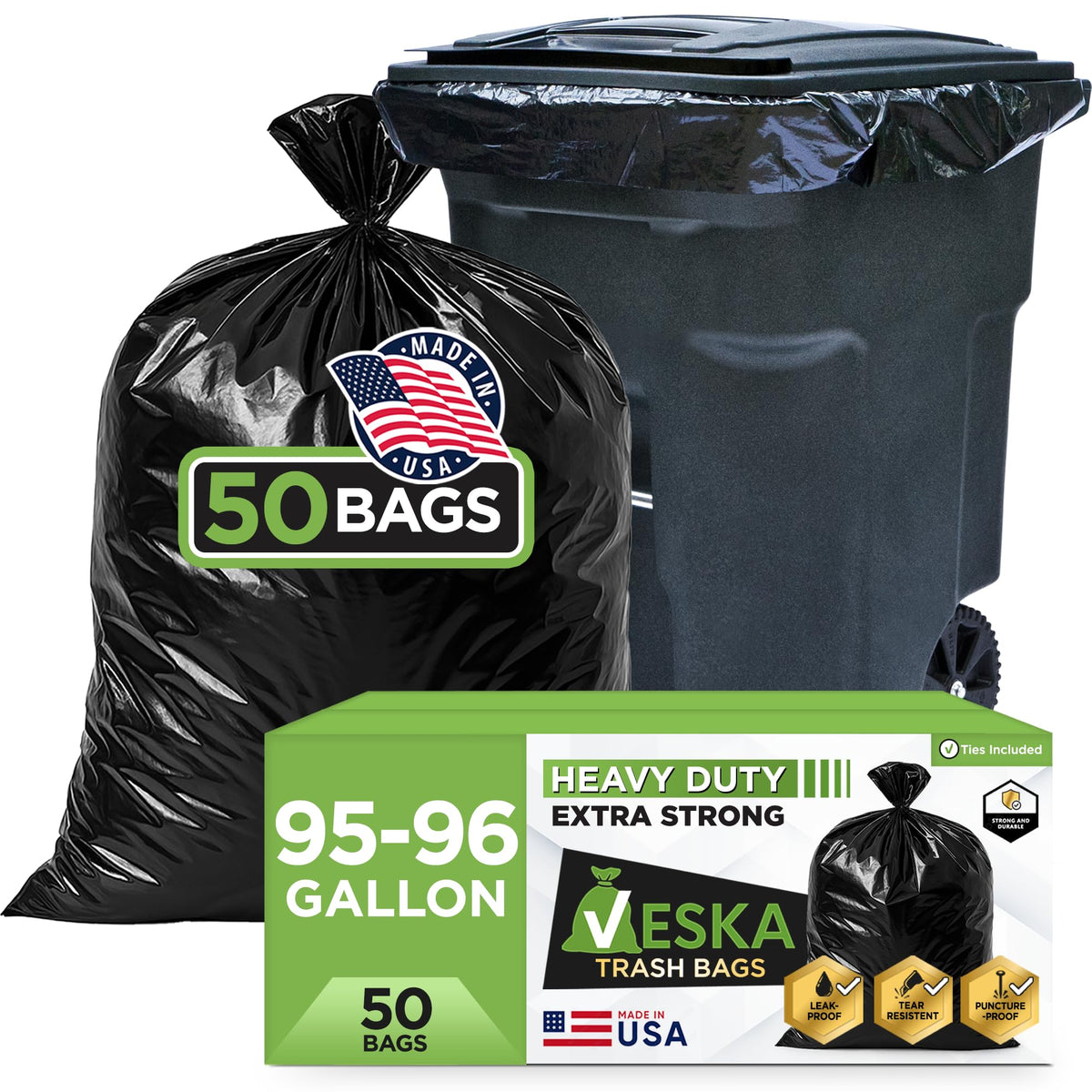 95-96 Gallon Black Heavy Duty Trash Bags with Ties U519932