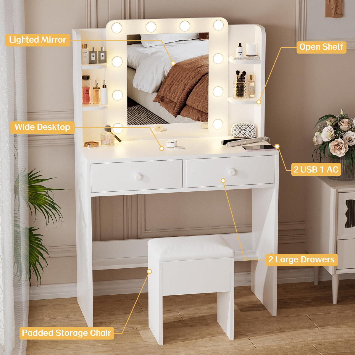 White Makeup Vanity Desk with Lighted Mirror and Chair Set N76839