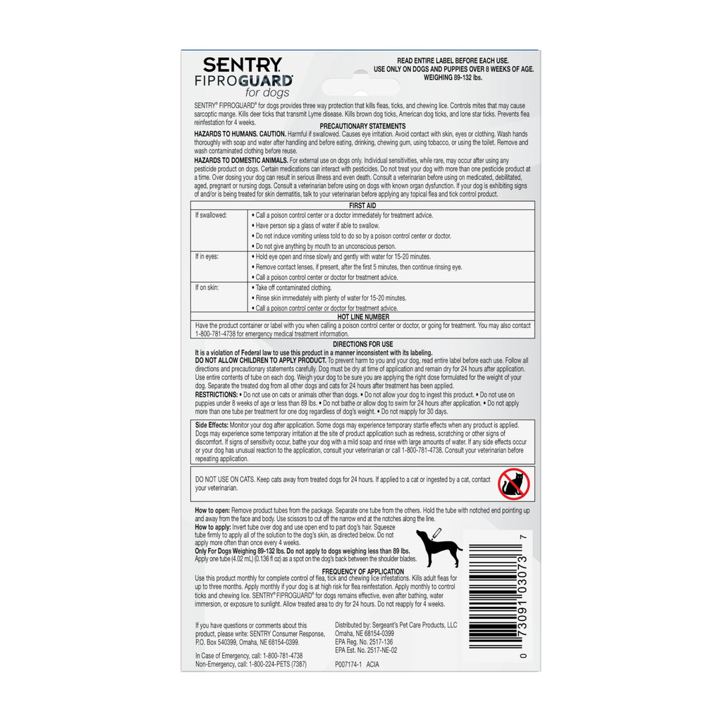 Flea & Tick Dogs 89-132 lbs Fipronil 6-Month N96419