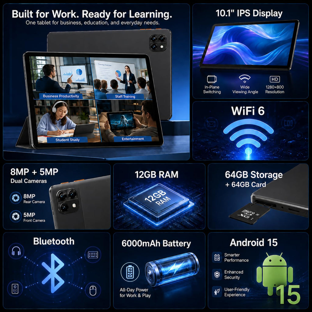 Android 15 Tablet, Octa-core 12GB RAM + 64GB + 64GB Card U6490
